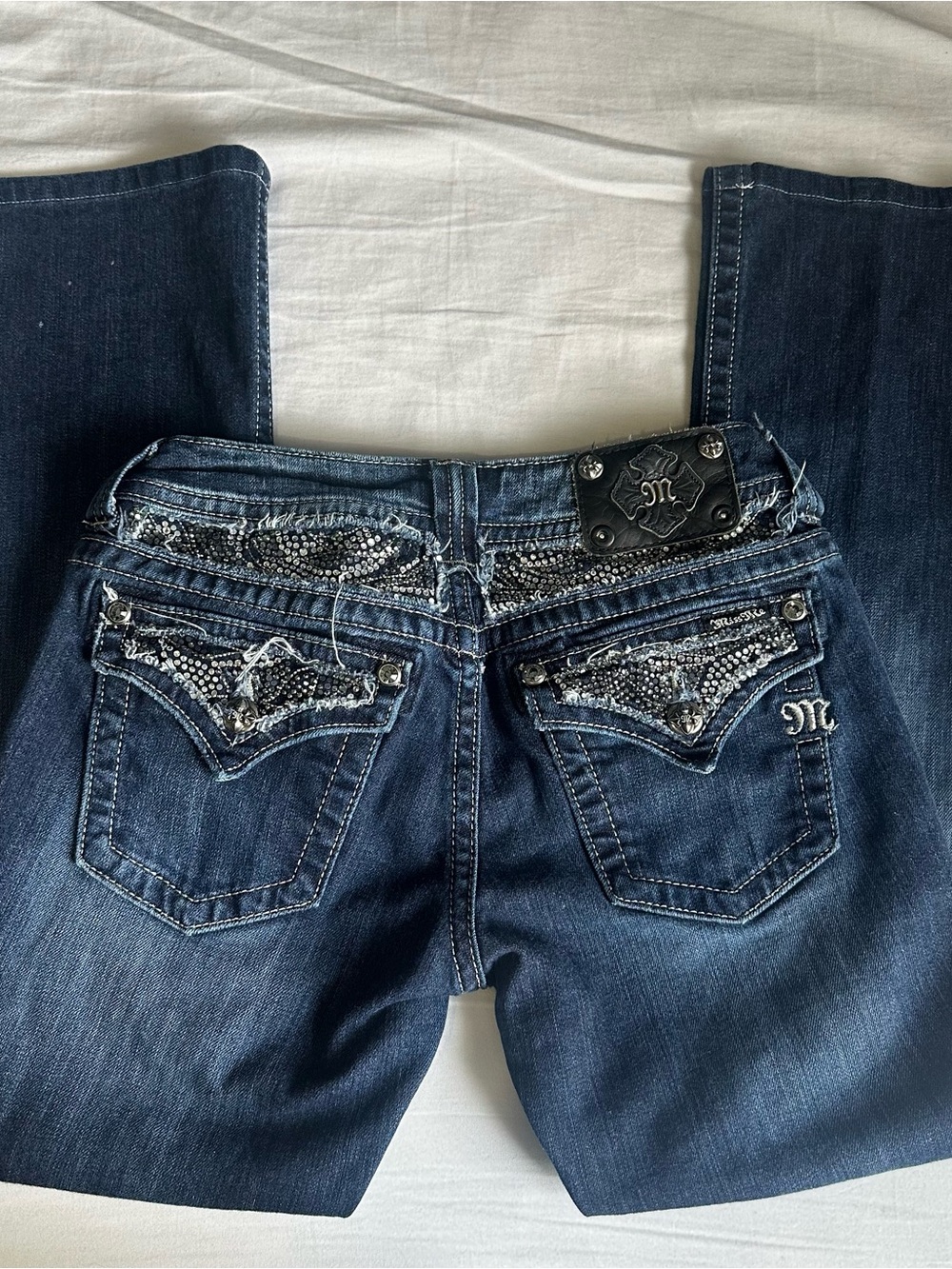 Miss Me Dark Blue Boot Cut Jeans with Rhinestone Embellished Pockets